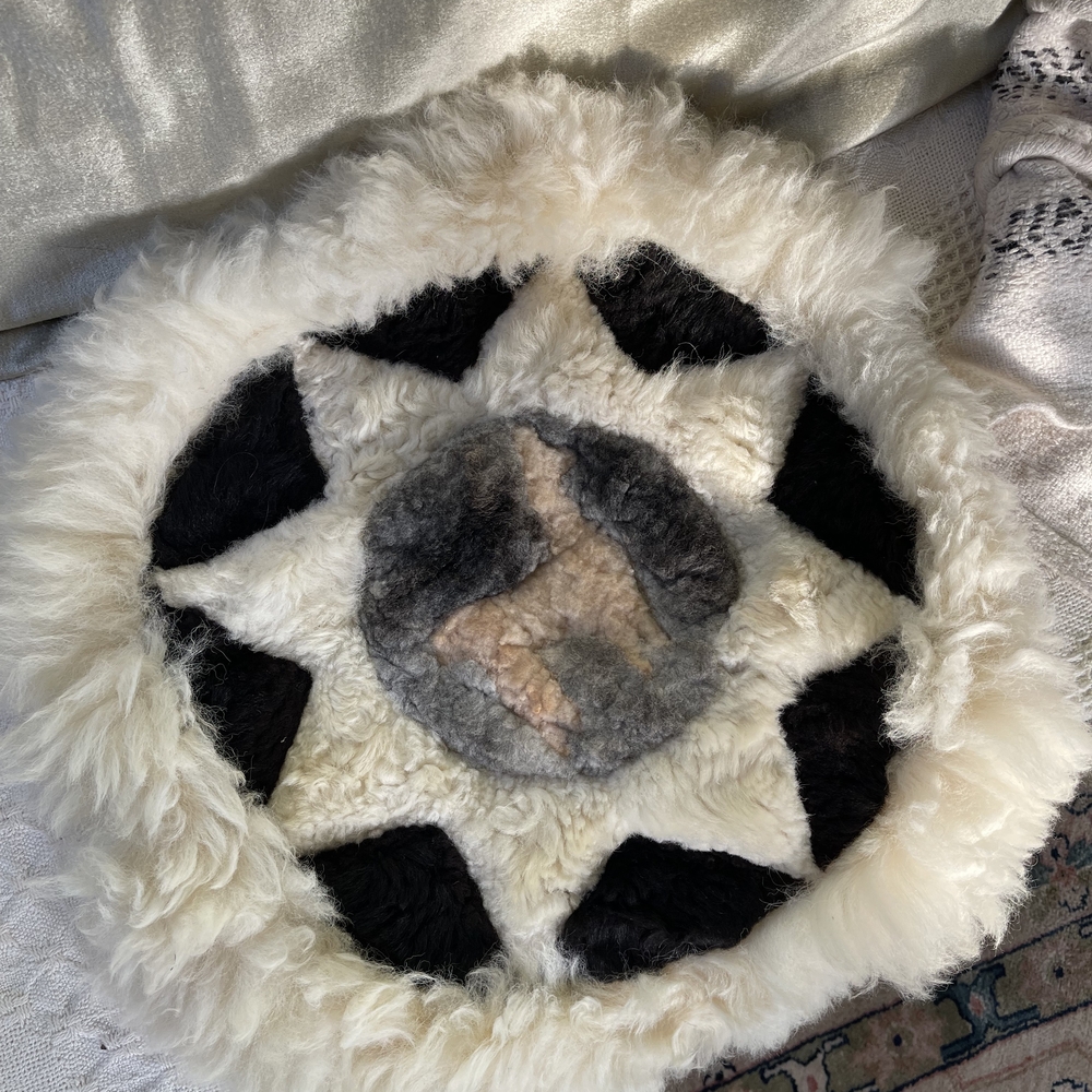 Soft Elegant Alpaca Fur Art Piece in Black & Cream 19 Inches Round